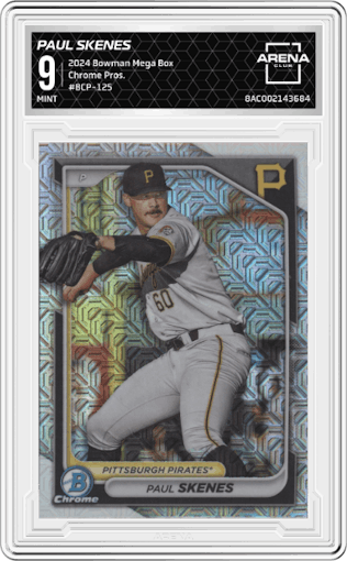Paul Skenes from the 2024 Bowman Mega Box set graded by Arena Club and given an overall grade of 9.