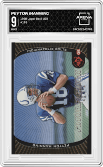 Peyton Manning from the 1998 Upper Deck UD3 set graded by Arena Club and given an overall grade of 9.