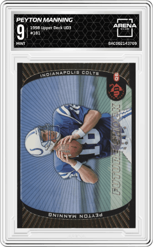 Peyton Manning from the 1998 Upper Deck UD3 set graded by Arena Club and given an overall grade of 9.
