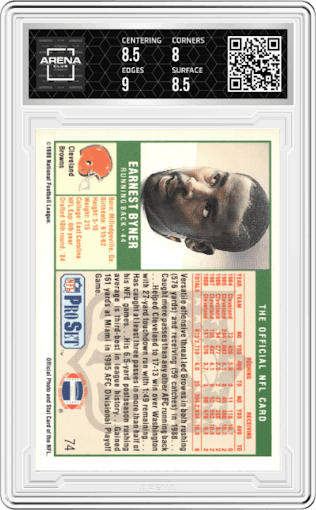 Earnest Byner from the 2023 Pro Set Memories Buyback Autographs set graded by Arena Club and given an overall grade of 8.5.