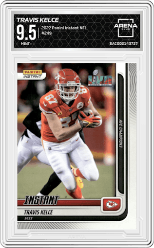 Travis Kelce from the 2022 Panini Instant NFL set graded by Arena Club and given an overall grade of 9.5.