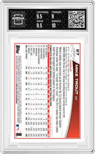 Mike Trout from the 2013 Topps set graded by Arena Club and given an overall grade of 9.5.
