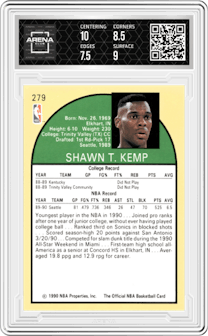 Shawn Kemp from the 1990-91 NBA Hoops set graded by Arena Club and given an overall grade of 8.