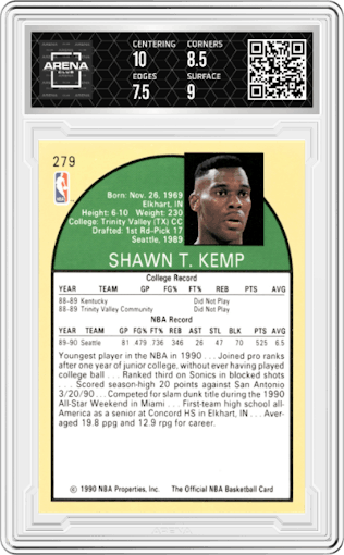Shawn Kemp from the 1990-91 NBA Hoops set graded by Arena Club and given an overall grade of 8.