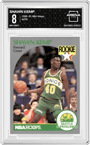 Shawn Kemp from the 1990-91 NBA Hoops set graded by Arena Club and given an overall grade of 8.