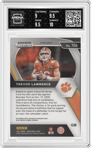 Trevor Lawrence from the 2021 Panini Prizm Draft Picks set featuring a Green Prizm parallel graded by Arena Club and given an overall grade of 9.5.