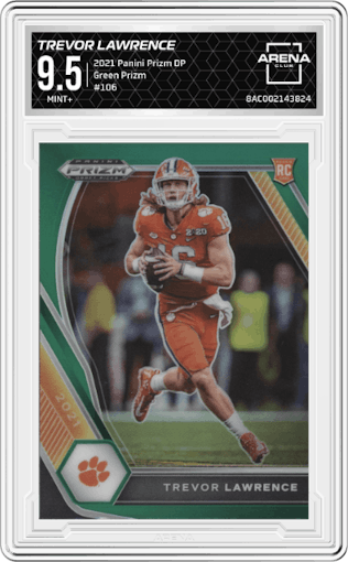 Trevor Lawrence from the 2021 Panini Prizm Draft Picks set featuring a Green Prizm parallel graded by Arena Club and given an overall grade of 9.5.