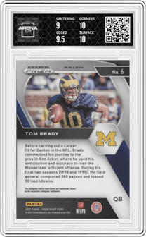 Tom Brady from the 2021 Panini Prizm Draft Picks set featuring a Red/White/Blue Prizm parallel graded by Arena Club and given an overall grade of 9.5.