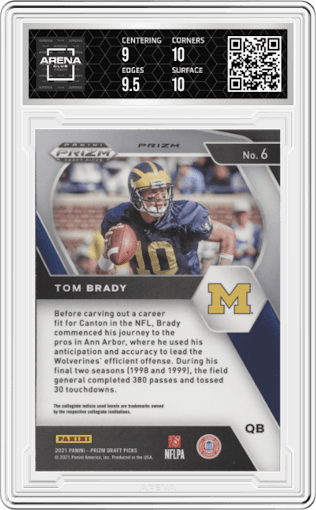 Tom Brady from the 2021 Panini Prizm Draft Picks set featuring a Red/White/Blue Prizm parallel graded by Arena Club and given an overall grade of 9.5.