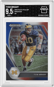 Tom Brady from the 2021 Panini Prizm Draft Picks set featuring a Red/White/Blue Prizm parallel graded by Arena Club and given an overall grade of 9.5.