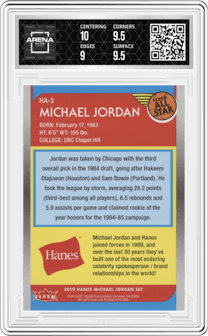 Michael Jordan from the 2018-19 Fleer Hanes Michael Jordan 30th Anniversary  set graded by Arena Club and given an overall grade of 9.5.