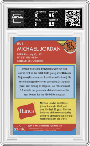 Michael Jordan from the 2018-19 Fleer Hanes Michael Jordan 30th Anniversary  set graded by Arena Club and given an overall grade of 9.5.