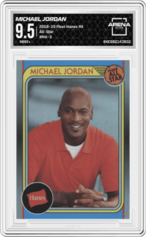 Michael Jordan from the 2018-19 Fleer Hanes Michael Jordan 30th Anniversary  set graded by Arena Club and given an overall grade of 9.5.