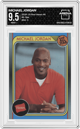 Michael Jordan from the 2018-19 Fleer Hanes Michael Jordan 30th Anniversary  set graded by Arena Club and given an overall grade of 9.5.