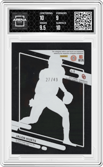 Jalen Hurts from the 2023 Panini Chronicles Draft Picks set featuring a Purple parallel graded by Arena Club and given an overall grade of 9.5.