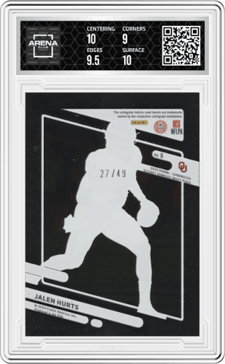 Jalen Hurts from the 2023 Panini Chronicles Draft Picks set featuring a Purple parallel graded by Arena Club and given an overall grade of 9.5.