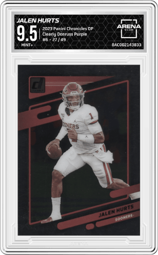 Jalen Hurts from the 2023 Panini Chronicles Draft Picks set featuring a Purple parallel graded by Arena Club and given an overall grade of 9.5.