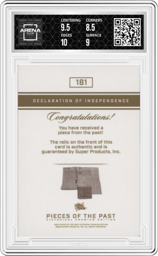 Declaration of Independence from the 2023 Pieces of the Past Historical Premium Edition set graded by Arena Club and given an overall grade of 9.