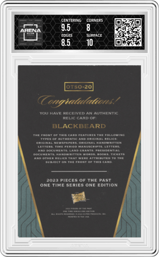 Blackbeard from the 2023 Pieces of the Past One Time Edition set graded by Arena Club and given an overall grade of 8.5.