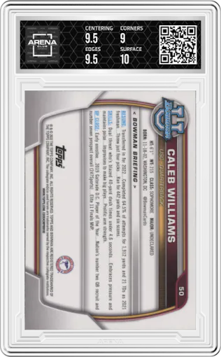 Caleb Williams from the 2022 Bowman University Chrome set featuring a Pink Refractor parallel graded by Arena Club and given an overall grade of 9.5.