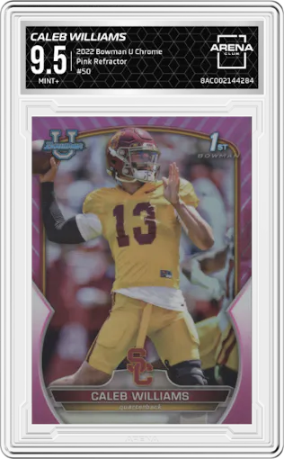 Caleb Williams from the 2022 Bowman University Chrome set featuring a Pink Refractor parallel graded by Arena Club and given an overall grade of 9.5.