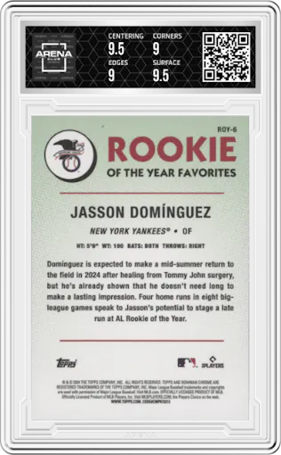 Jasson Dominguez from the 2024 Bowman set graded by Arena Club and given an overall grade of 9.5.