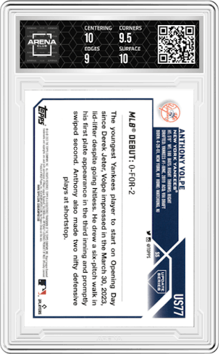 Anthony Volpe from the 2023 Topps Update set graded by Arena Club and given an overall grade of 9.5.