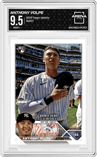 Anthony Volpe from the 2023 Topps Update set graded by Arena Club and given an overall grade of 9.5.