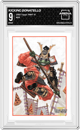 Kicking Donatello from the 1992 Topps Teenage Mutant Ninja Turtles III set graded by Arena Club and given an overall grade of 9.