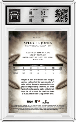 Spencer Jones from the 2024 Bowman set graded by Arena Club and given an overall grade of 10.