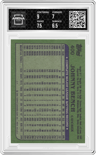 Johnny Bench from the 1982 Topps set graded by Arena Club and given an overall grade of 7.
