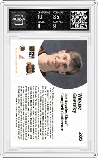 Wayne Gretzky from the 1991-92 Pro Set set graded by Arena Club and given an overall grade of 8.5.