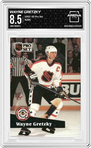 Wayne Gretzky from the 1991-92 Pro Set set graded by Arena Club and given an overall grade of 8.5.