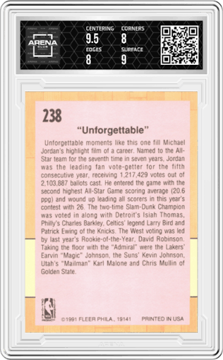 1991 All-Star Game from the 1991-92 Fleer set graded by Arena Club and given an overall grade of 8.5.