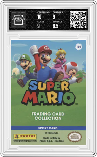 Luigi from the 2022 Panini Super Mario set graded by Arena Club and given an overall grade of 9.