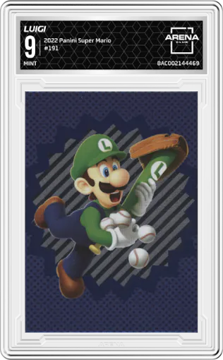 Luigi from the 2022 Panini Super Mario set graded by Arena Club and given an overall grade of 9.
