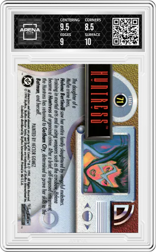 Huntress from the 1994 SkyBox DC Master Series set graded by Arena Club and given an overall grade of 9.