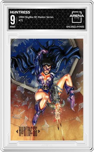 Huntress from the 1994 SkyBox DC Master Series set graded by Arena Club and given an overall grade of 9.
