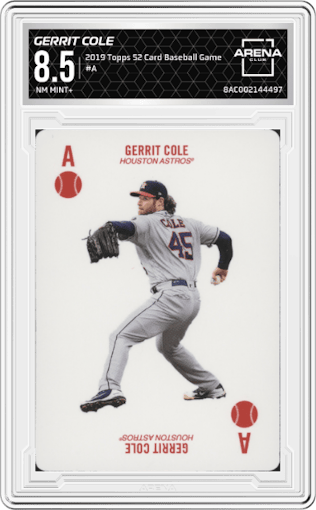 Gerrit Cole from the 2019 Topps 52-Card Baseball Game set graded by Arena Club and given an overall grade of 8.5.