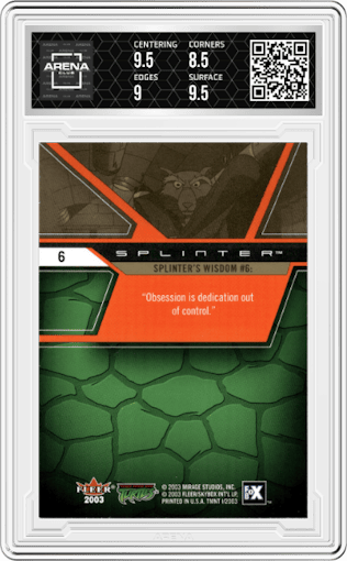 Splinter's Wisdom from the 2003 Fleer Teenage Mutant Ninja Turtles set featuring a Gold parallel graded by Arena Club and given an overall grade of 9.