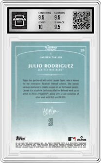 Julio Rodriguez from the 2022 Topps X Lauren Taylor set graded by Arena Club and given an overall grade of 10.