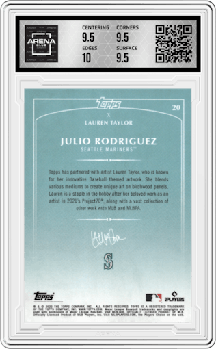 Julio Rodriguez from the 2022 Topps X Lauren Taylor set graded by Arena Club and given an overall grade of 10.