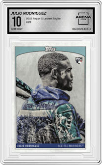 Julio Rodriguez from the 2022 Topps X Lauren Taylor set graded by Arena Club and given an overall grade of 10.