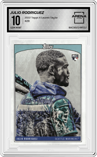 Julio Rodriguez from the 2022 Topps X Lauren Taylor set graded by Arena Club and given an overall grade of 10.