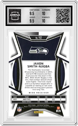Jaxon Smith-Njigba from the 2023 Panini Certified set featuring a Mirror Red parallel graded by Arena Club and given an overall grade of 10.