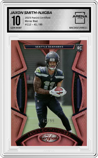 Jaxon Smith-Njigba from the 2023 Panini Certified set featuring a Mirror Red parallel graded by Arena Club and given an overall grade of 10.