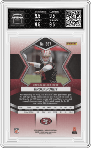 Brock Purdy from the 2022 Panini Mosaic set graded by Arena Club and given an overall grade of 9.5.