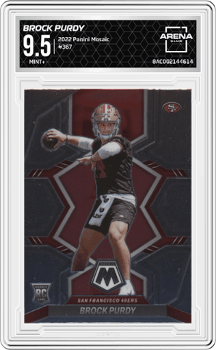 Brock Purdy from the 2022 Panini Mosaic set graded by Arena Club and given an overall grade of 9.5.