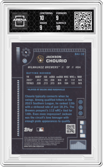 Jackson Chourio from the 2024 Bowman set graded by Arena Club and given an overall grade of 9.5.