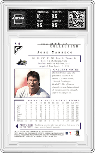 Jose Canseco from the 2000 Topps Gallery set graded by Arena Club and given an overall grade of 9.